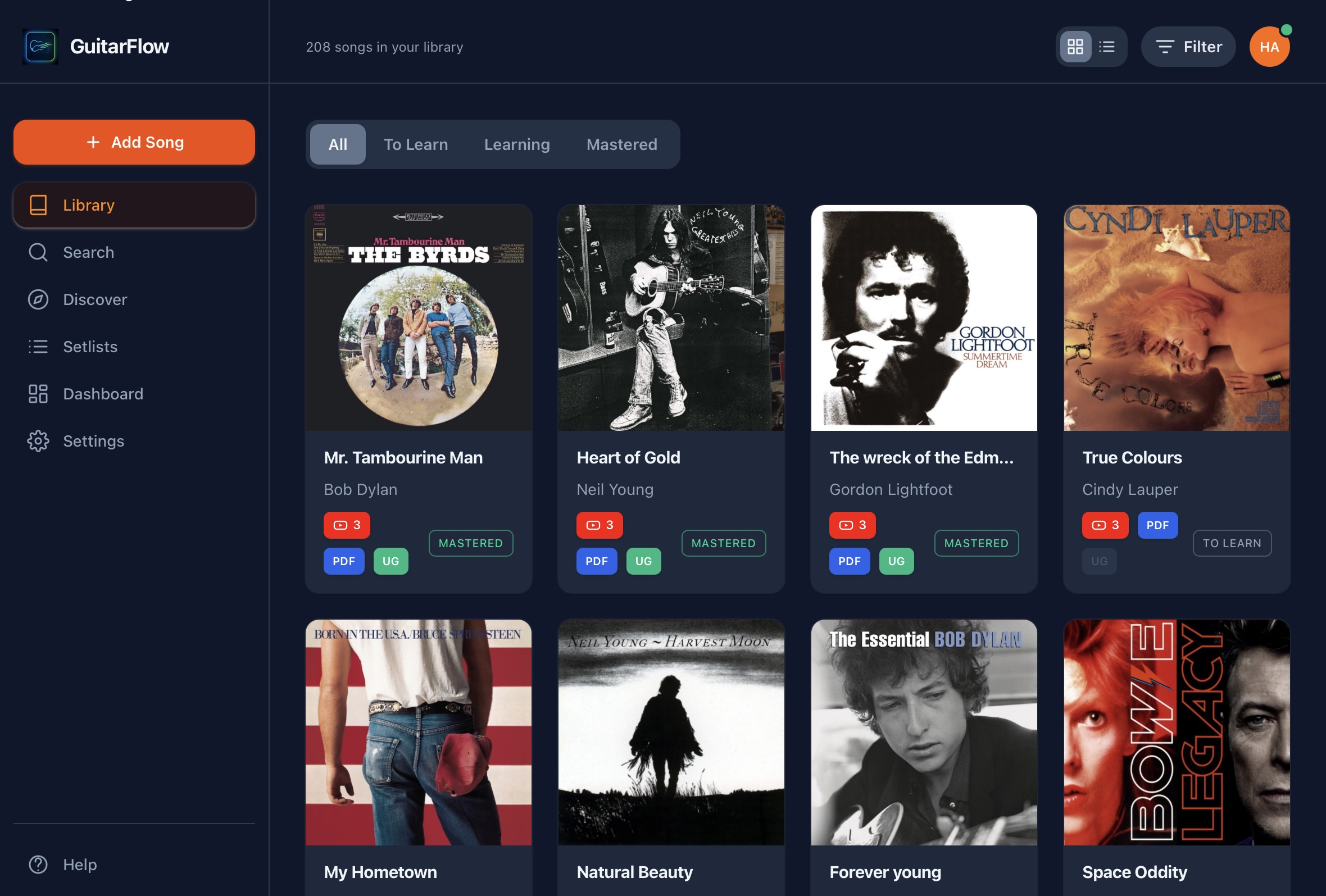 GuitarFlow song library showing a guitarist repertoire with searchable song list