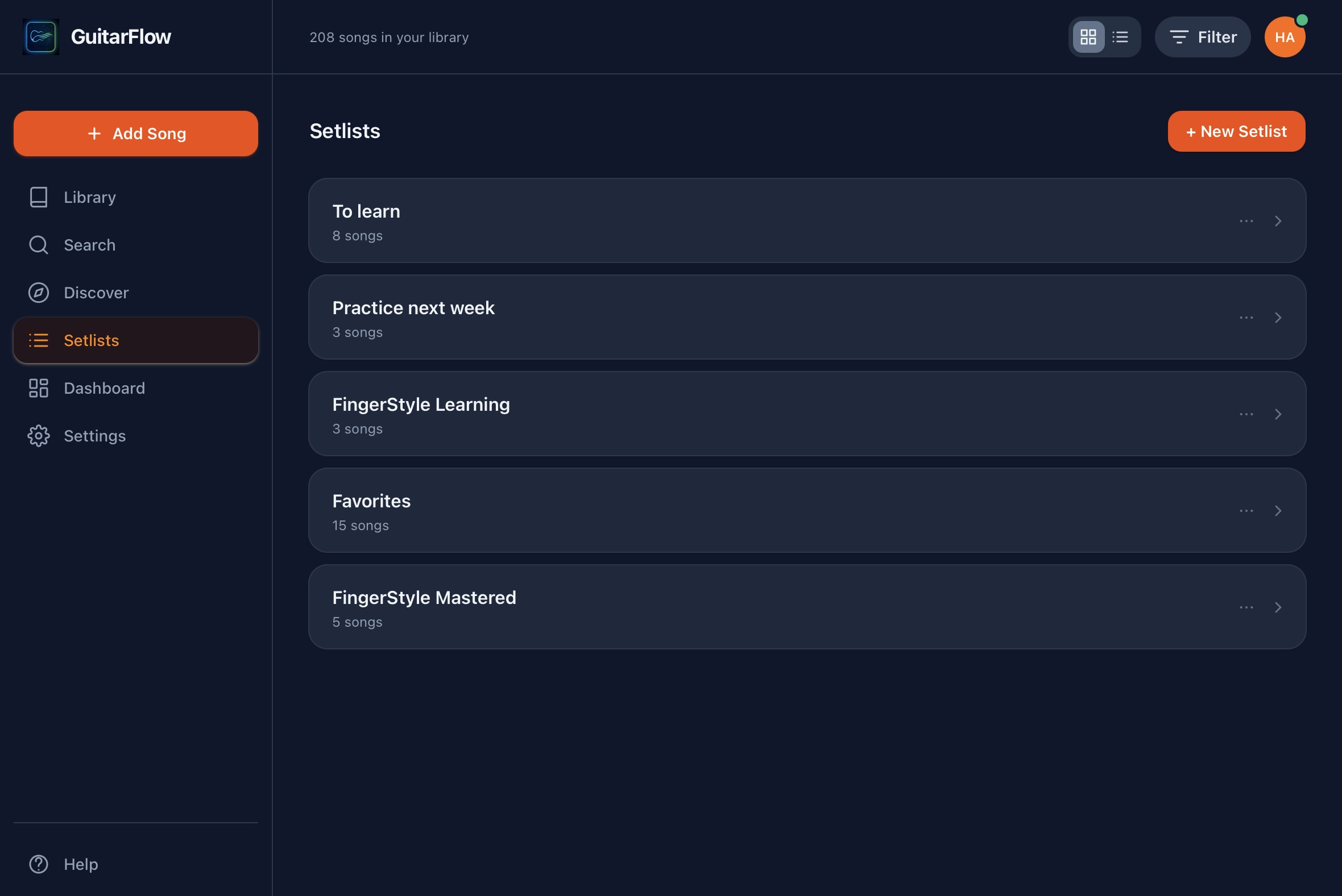 GuitarFlow setlist view with songs ordered for practice and performance